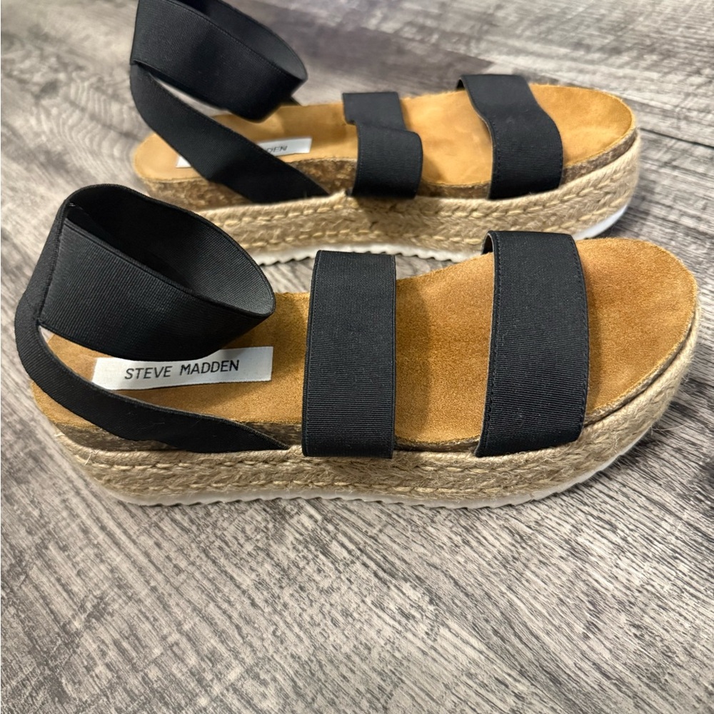 Steve Madden Black Elastic Strap Espadrille Platform Sandals